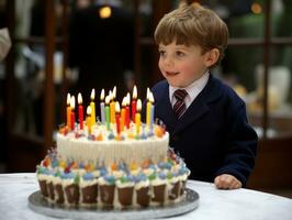 bambino soffiaggio su il candele su loro compleanno torta ai generativo foto