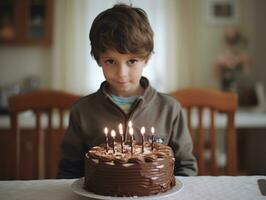 bambino soffiaggio su il candele su loro compleanno torta ai generativo foto