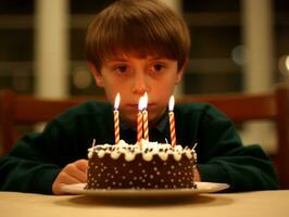 bambino soffiaggio su il candele su loro compleanno torta ai generativo foto