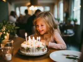 bambino soffiaggio su il candele su loro compleanno torta ai generativo foto