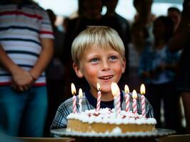 bambino soffiaggio su il candele su loro compleanno torta ai generativo foto