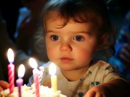 bambino soffiaggio su il candele su loro compleanno torta ai generativo foto