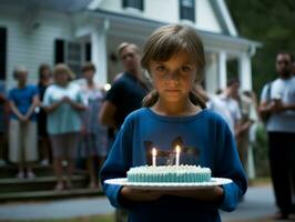 bambino soffiaggio su il candele su loro compleanno torta ai generativo foto