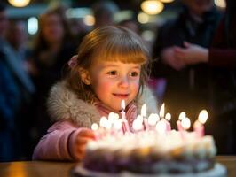 bambino soffiaggio su il candele su loro compleanno torta ai generativo foto