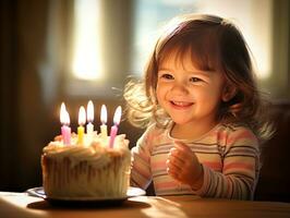 bambino soffiaggio su il candele su loro compleanno torta ai generativo foto