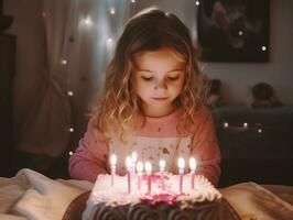 bambino soffiaggio su il candele su loro compleanno torta ai generativo foto