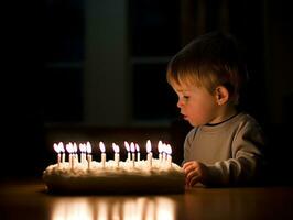 bambino soffiaggio su il candele su loro compleanno torta ai generativo foto