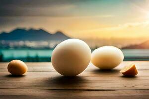 tre uova su un' tavolo con un' tramonto nel il sfondo. ai-generato foto