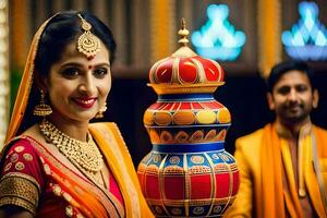 un' bellissimo indiano sposa Tenere un' grande pentola. ai-generato foto