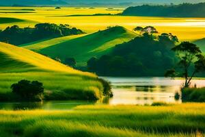 un' bellissimo paesaggio con verde colline e acqua. ai-generato foto