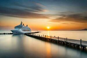 un' crociera nave attraccato a il fine di un' molo a tramonto. ai-generato foto