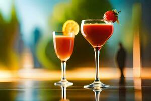 Due bicchieri di rosso e arancia bevande con un' fragola su il lato. ai-generato foto