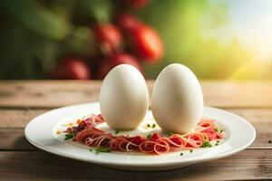 Due uova su un' piatto con carne e pomodori. ai-generato foto