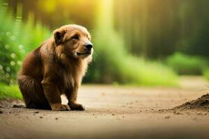 un' cane seduta su il strada nel il mezzo di un' campo. ai-generato foto