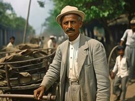 vecchio colorato foto di un' indiano uomo a partire dal il presto 1900 ai generativo