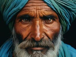 vecchio colorato foto di un' indiano uomo a partire dal il presto 1900 ai generativo