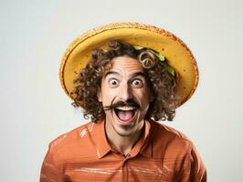 messicano uomo nel giocoso posa su bianca sfondo ai generativo foto