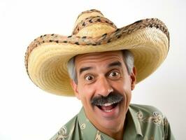 messicano uomo nel giocoso posa su bianca sfondo ai generativo foto