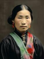 vecchio colorato foto di un' asiatico donna a partire dal il presto 1900 ai generativo