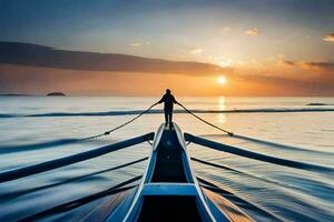 un' uomo canottaggio un' barca a tramonto. ai-generato foto