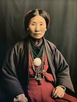 vecchio colorato foto di un' asiatico donna a partire dal il presto 1900 ai generativo