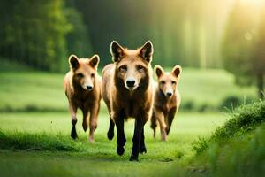 tre Marrone cani in esecuzione nel il erba. ai-generato foto