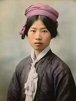 vecchio colorato foto di un' asiatico donna a partire dal il presto 1900 ai generativo