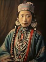 vecchio colorato foto di un' asiatico donna a partire dal il presto 1900 ai generativo