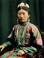 vecchio colorato foto di un' asiatico donna a partire dal il presto 1900 ai generativo