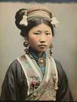 vecchio colorato foto di un' asiatico donna a partire dal il presto 1900 ai generativo