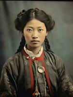 vecchio colorato foto di un' asiatico donna a partire dal il presto 1900 ai generativo