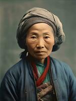 vecchio colorato foto di un' asiatico donna a partire dal il presto 1900 ai generativo