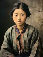 vecchio colorato foto di un' asiatico donna a partire dal il presto 1900 ai generativo