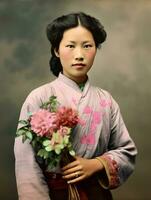 vecchio colorato foto di un' asiatico donna a partire dal il presto 1900 ai generativo
