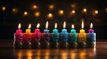menorah con colorato candele contro buio sfondo foto