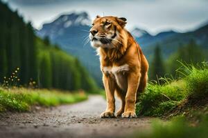 un' tigre è in piedi su il strada nel davanti di un' montagna. ai-generato foto