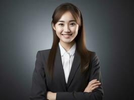 sorridente giovane donna di asiatico discesa vestito nel elegante vestito ai generativo foto