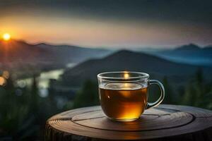 un' tazza di tè su un' di legno tavolo nel il montagne. ai-generato foto