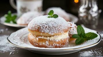 sufganiyot con in polvere zucchero su bianca piatto foto