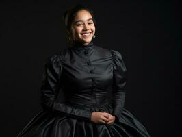 sorridente giovane donna di asiatico discesa vestito nel elegante vestito ai generativo foto