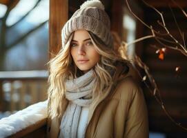 bellissimo inverno donna in piedi su un' di legno veranda foto