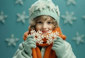 un' poco ragazzo indossare un arancia cappello nel davanti di blu sfondo fabbricazione i fiocchi di neve foto