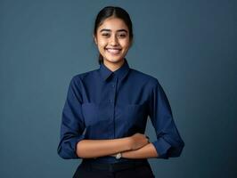 sorridente giovane donna di asiatico discesa vestito nel elegante vestito ai generativo foto