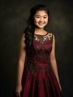 sorridente giovane donna di asiatico discesa vestito nel elegante vestito ai generativo foto