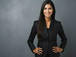 sorridente giovane donna di asiatico discesa vestito nel elegante vestito ai generativo foto