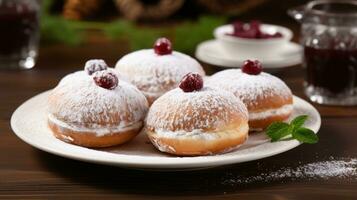 sufganiyot con in polvere zucchero su bianca piatto foto