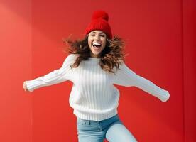 un' femmina con gioia salti su un' rosso sfondo con maglieria e inverno cappello foto