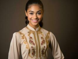 sorridente giovane donna di asiatico discesa vestito nel elegante vestito ai generativo foto