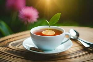 un' tazza di tè con un' Limone fetta. ai-generato foto