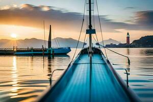 un' barca è attraccato a il riva di un' lago. ai-generato foto